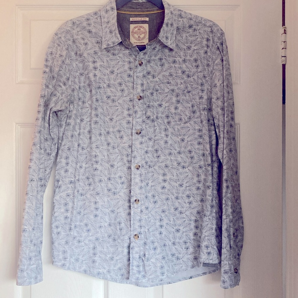 Mens blue button down with feather print